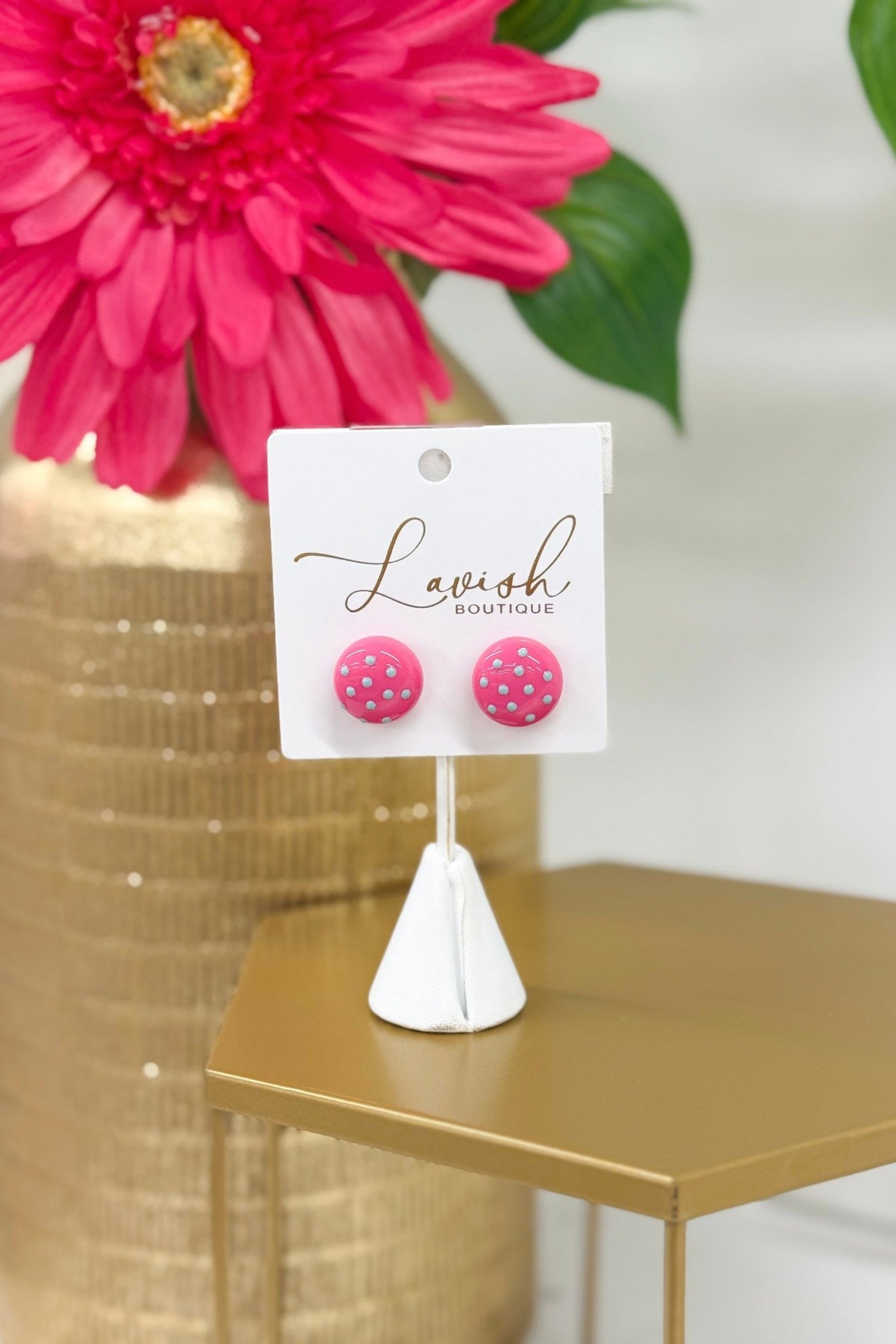 Pink and blue dot stud earrings