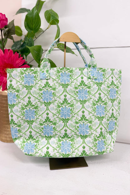 Heirloom floral canvas tote with carry handles