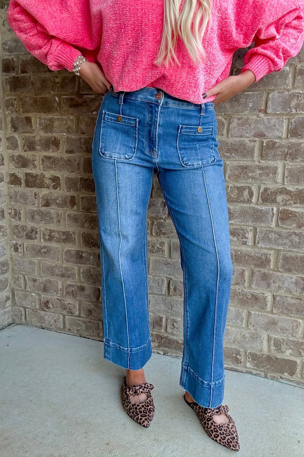 Crop wide leg denim with front patch pockets and a high waist