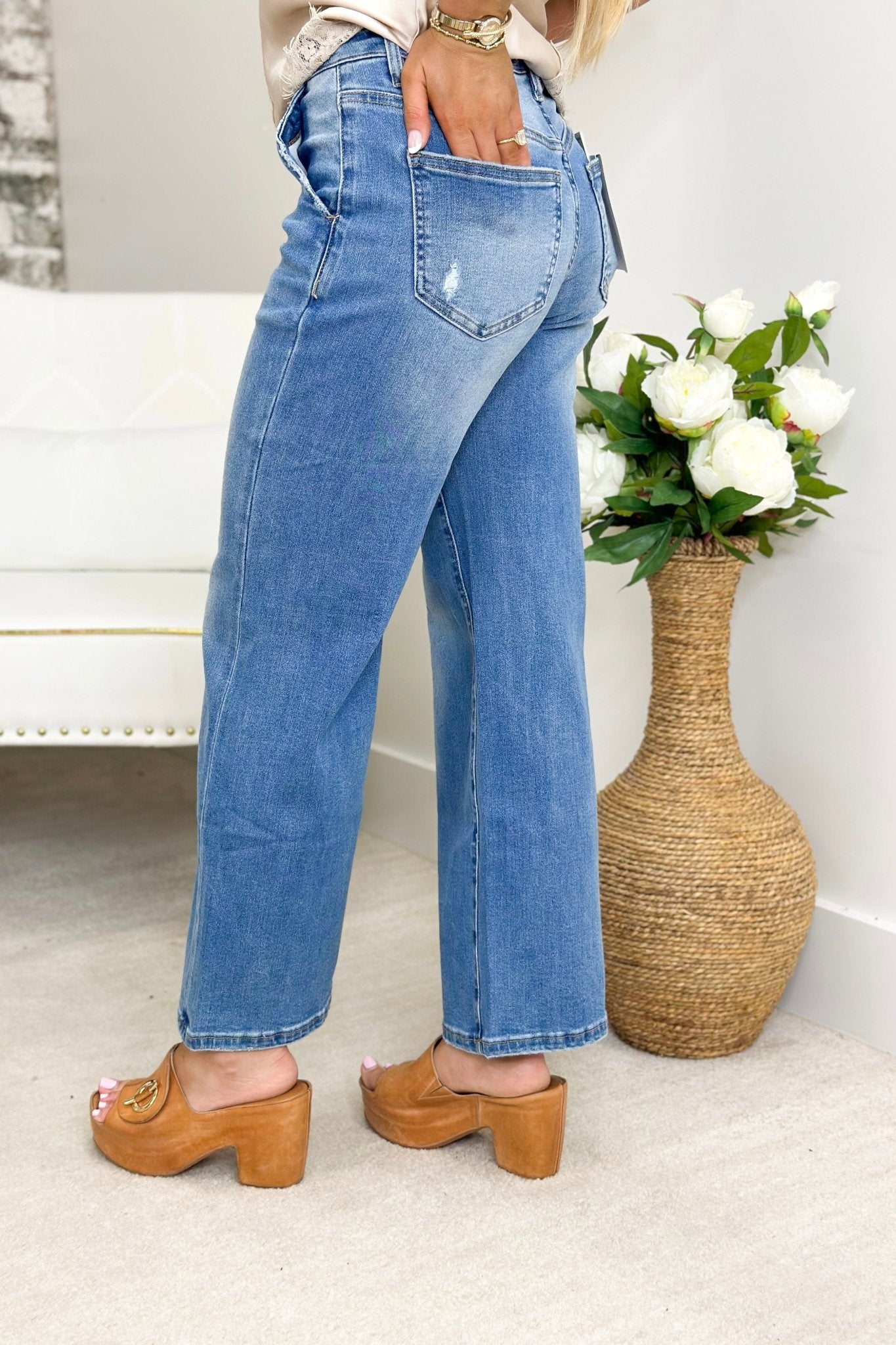 High rise cropped wide leg jeans in a vintage blue wash