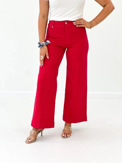 Wide leg high rise denim with a fitted waistband