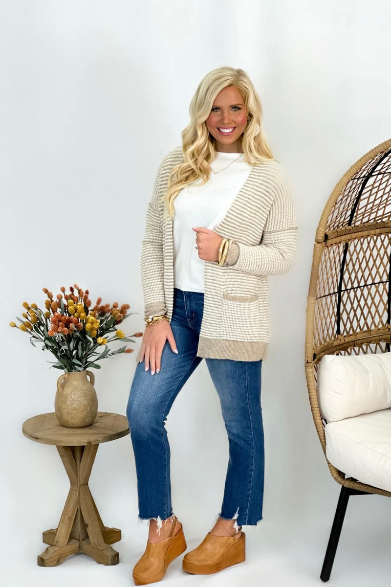 Stone Waffle Textured Open Front Cardigan