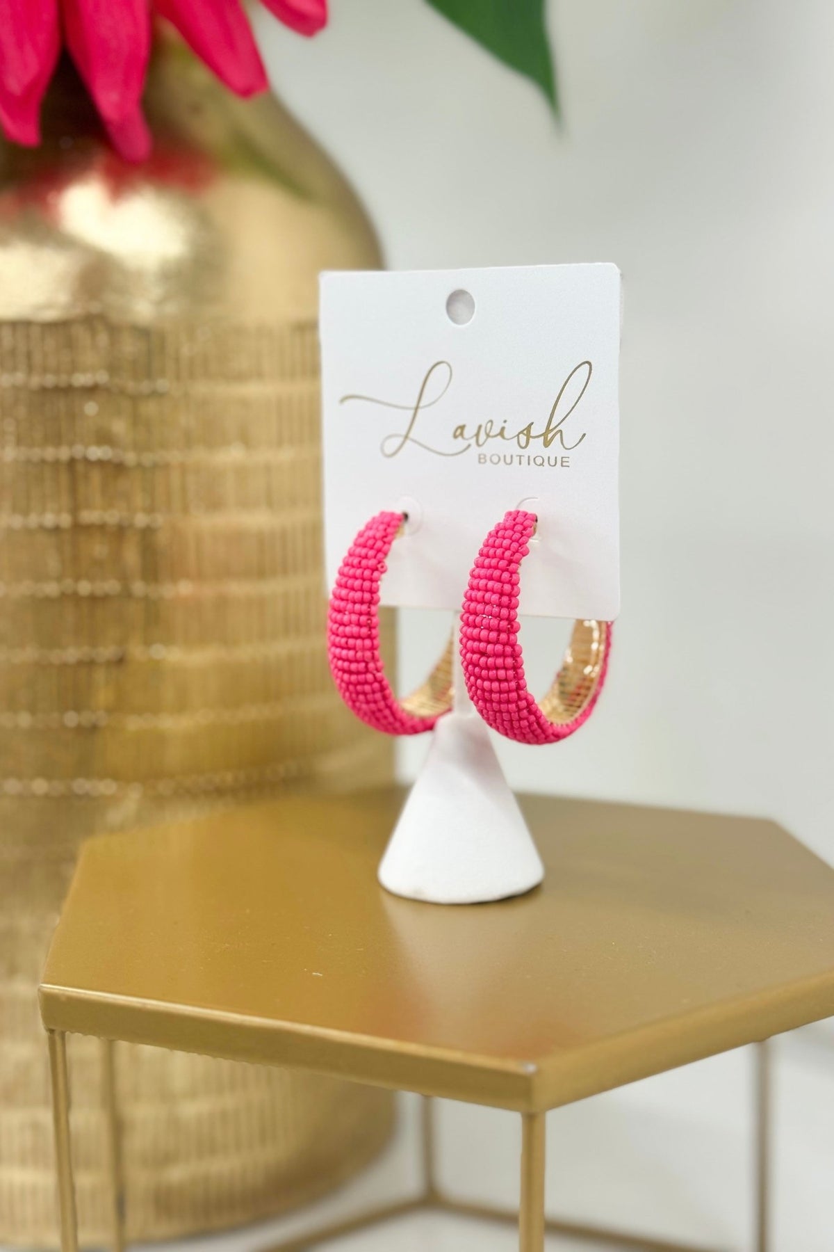 Hot pink seed bead hoop earrings