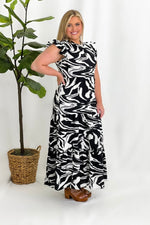 Black and White Print Flutter Sleeve Dress