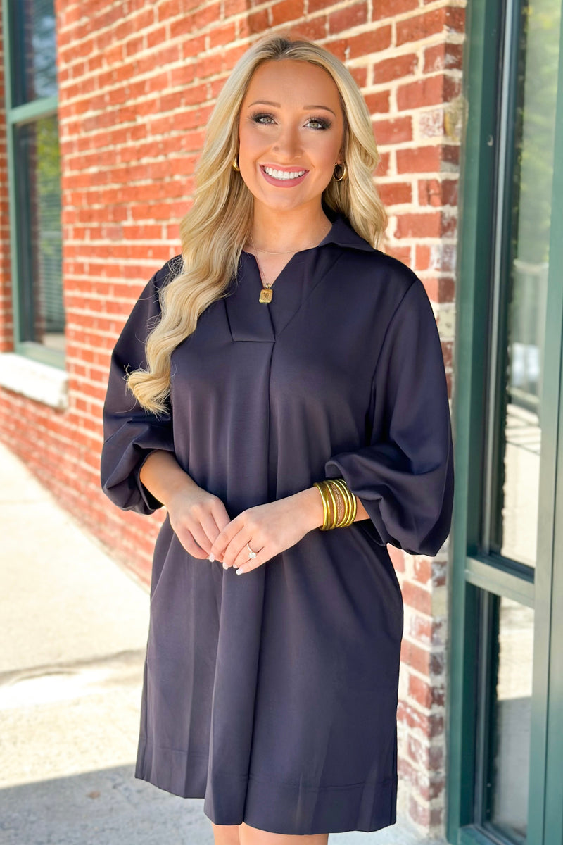Navy Front Pleat Collared Long Sleeve Dress