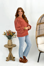 Copper Puff Sleeve V-Neck Sweatshirt