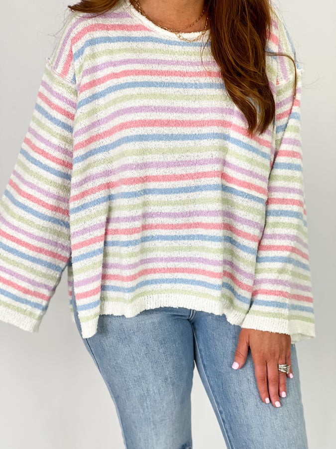 Ivory and Sage Stripe Long Sleeve Sweater