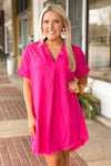 Hot Pink Linen V-Neck Collared Dress