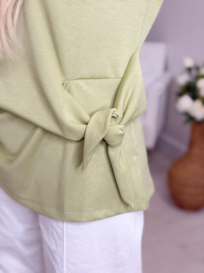 Light olive top with front hem tie knot detail