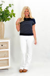 Navy and Ivory Striped Short Sleeve Sweater