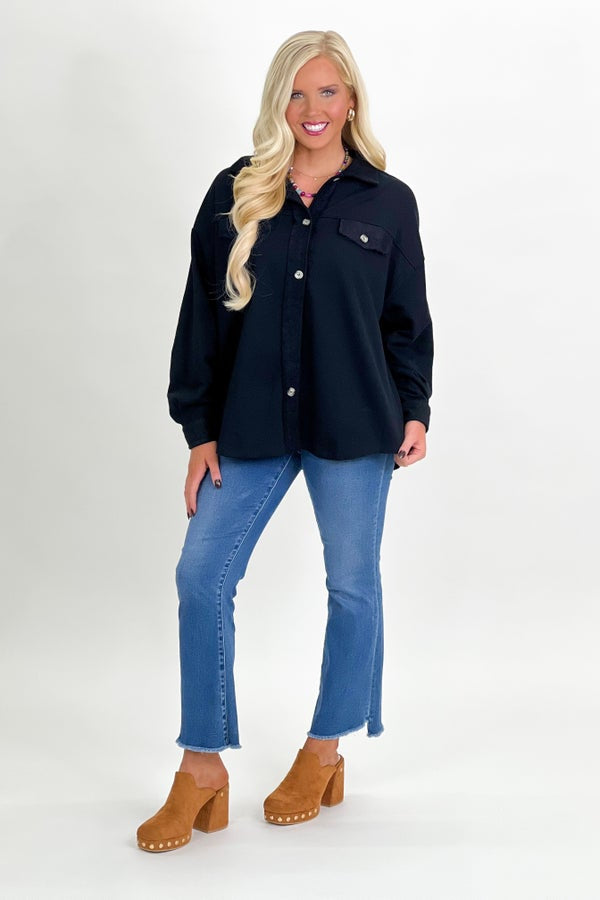 Black Button Up Front Pocket Shacket