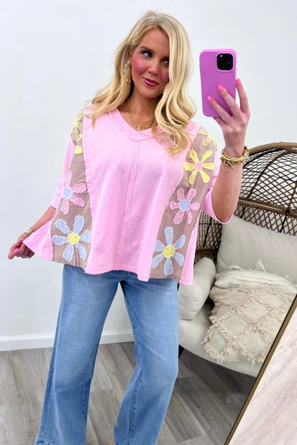 Malibu Pink Short Sleeve Daisy Patch Top