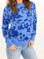 Blue Floral Print Long Sleeve Sweater