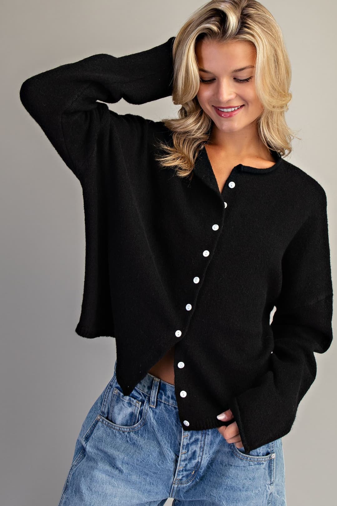 Eesome Solid Button Down Long Sleeve Cardigan in Black, styled view