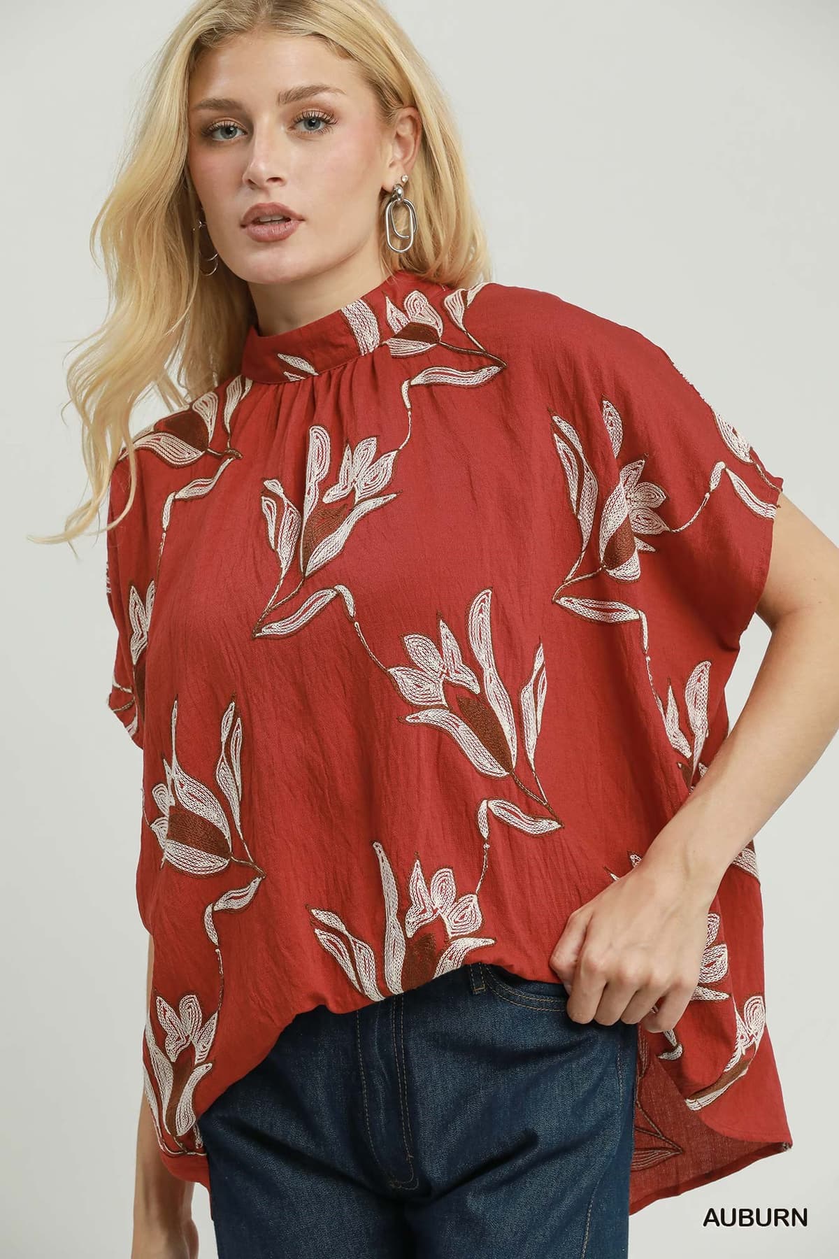 Umgee Embroidered Floral Mock Neck Dolman Sleeve Top in Taupe