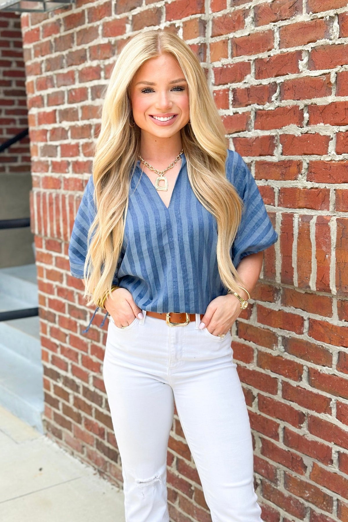 Indigo V - Neck Tie Puff Sleeve Top - Lavish Boutique Tops