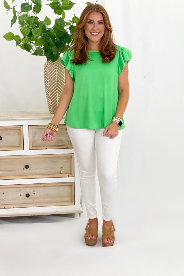 Green Satin Ruffle Sleeve Top