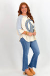 Blue and Natural Patchwork Peace Sign Top