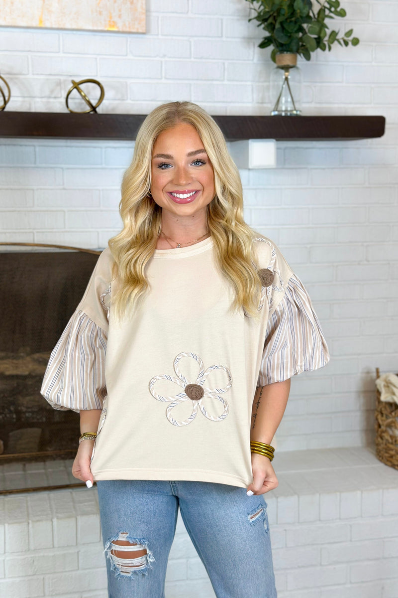 Taupe Flower Embroidery Bubble Sleeve Top