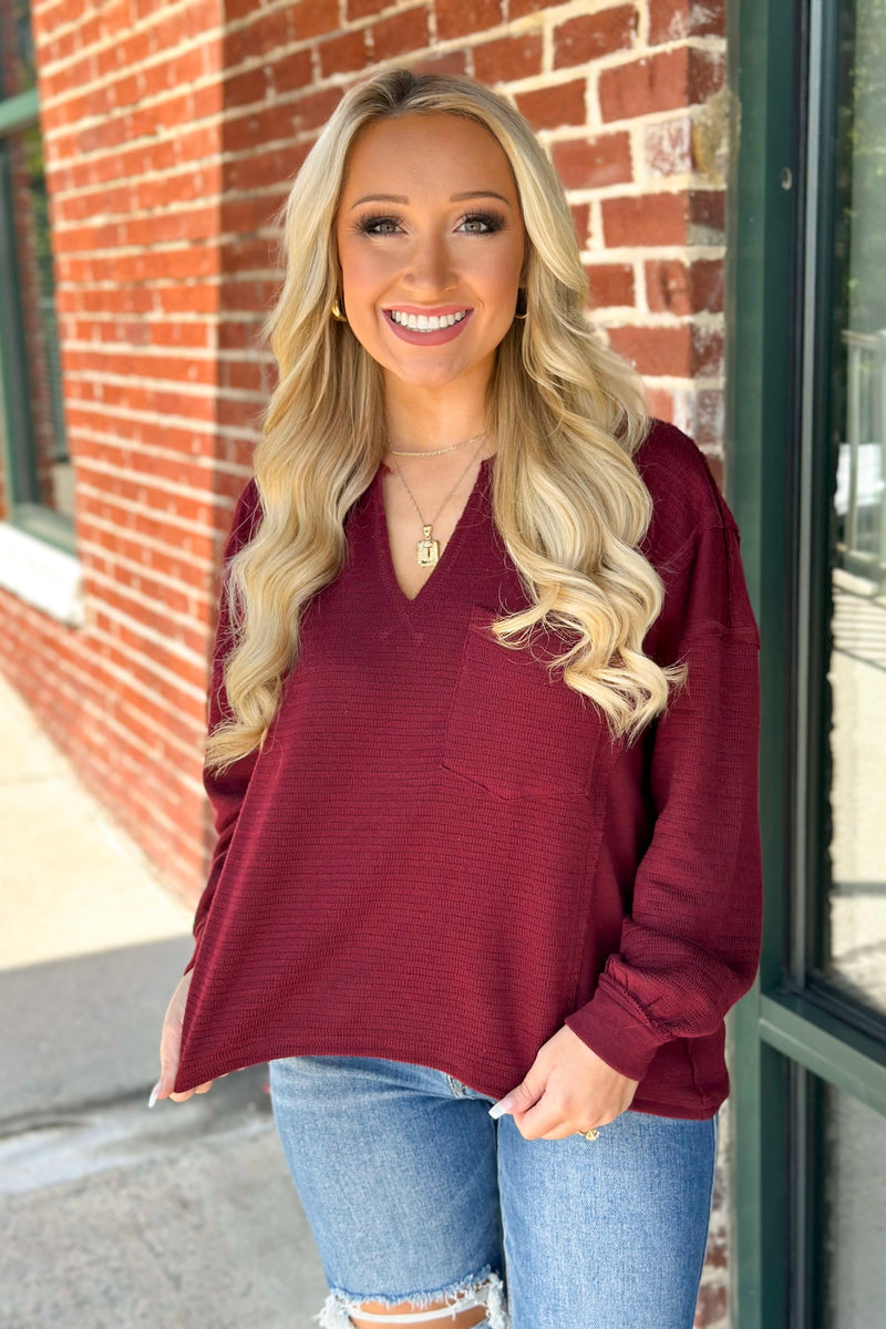 Oxblood Solid Patchwork V-Neck Knit Sweater