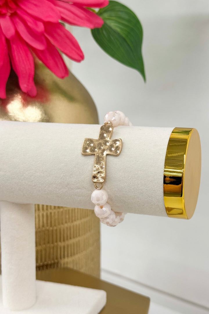 Ivory and Gold Beaded Cross Bracelet - Lavish Boutique Accessories