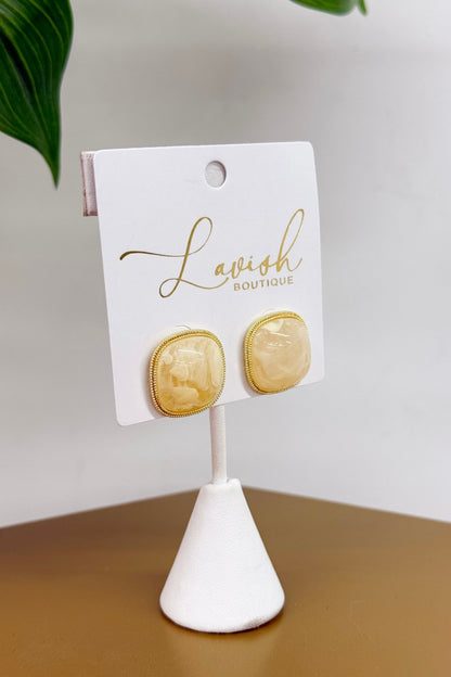 Ivory marbled square stone earrings with gold framing