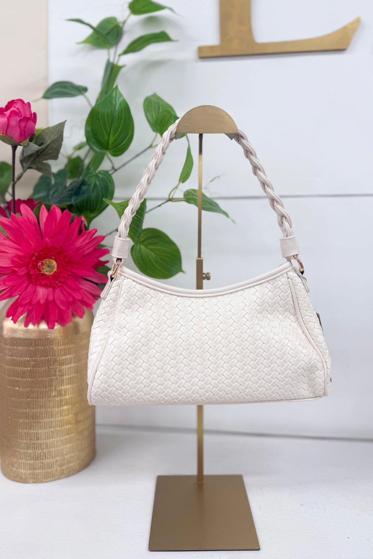 Woven ivory bag with braided straps