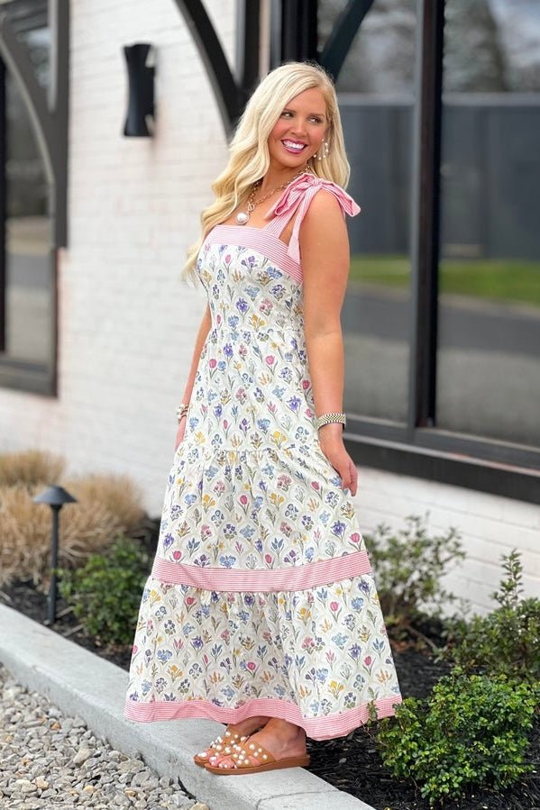 Ivory floral midi dress with ribbon tie detail