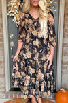 Black Floral Print Smocked Long Sleeve Dress