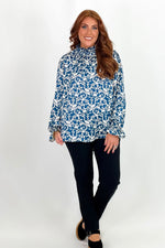 Teal Floral Print Mock Neck Long Sleeve Top