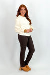 Cream Faux Leather Sleeve Textured Top