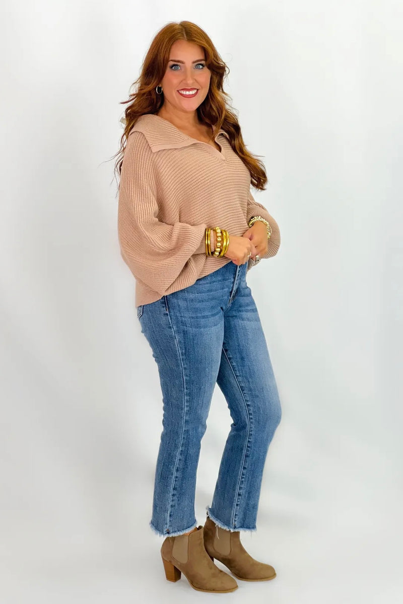 Taupe Collared Dolman Sleeve Ribbed Sweater