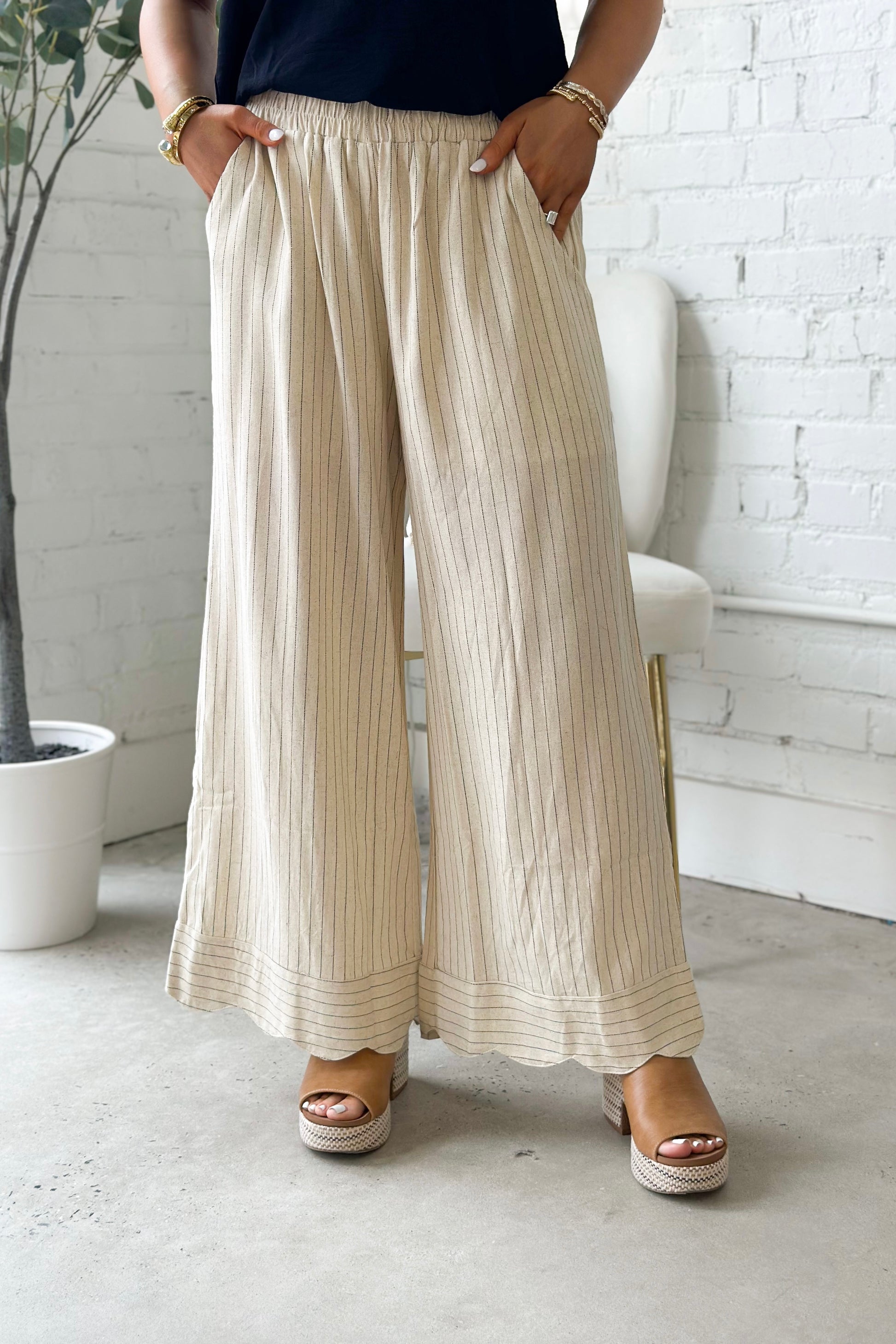 Oatmeal scalloped hem wide-leg pants with vertical pinstripe texture