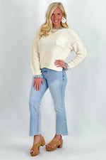 Cream and Blue Boat Neck Long Sleeve Sweater