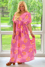 Pink Printed Dolman Sleeve Maxi Dress