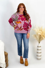 Lavender Long Sleeve Flower Pattern Knitted Sweater