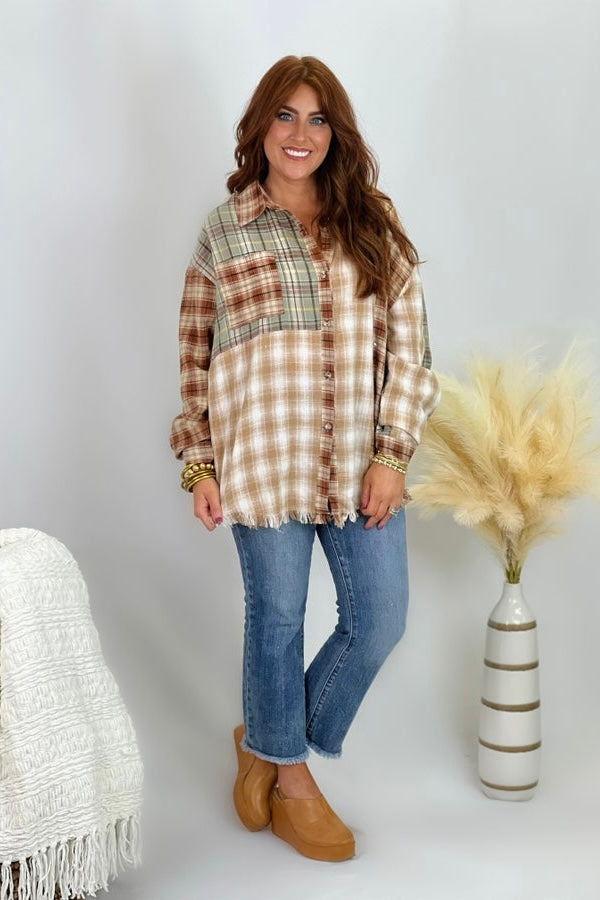 Sage and Rust Mixed Plaid Top