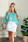 Paradise Mint Balloon Sleeve Floral Sweater