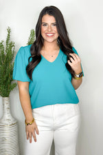 Light Teal Woven V-Neck Puff Sleeve Top