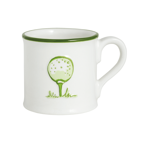 Golf mug with green rim, handle, and golf ball & tee graphic on white ceramic