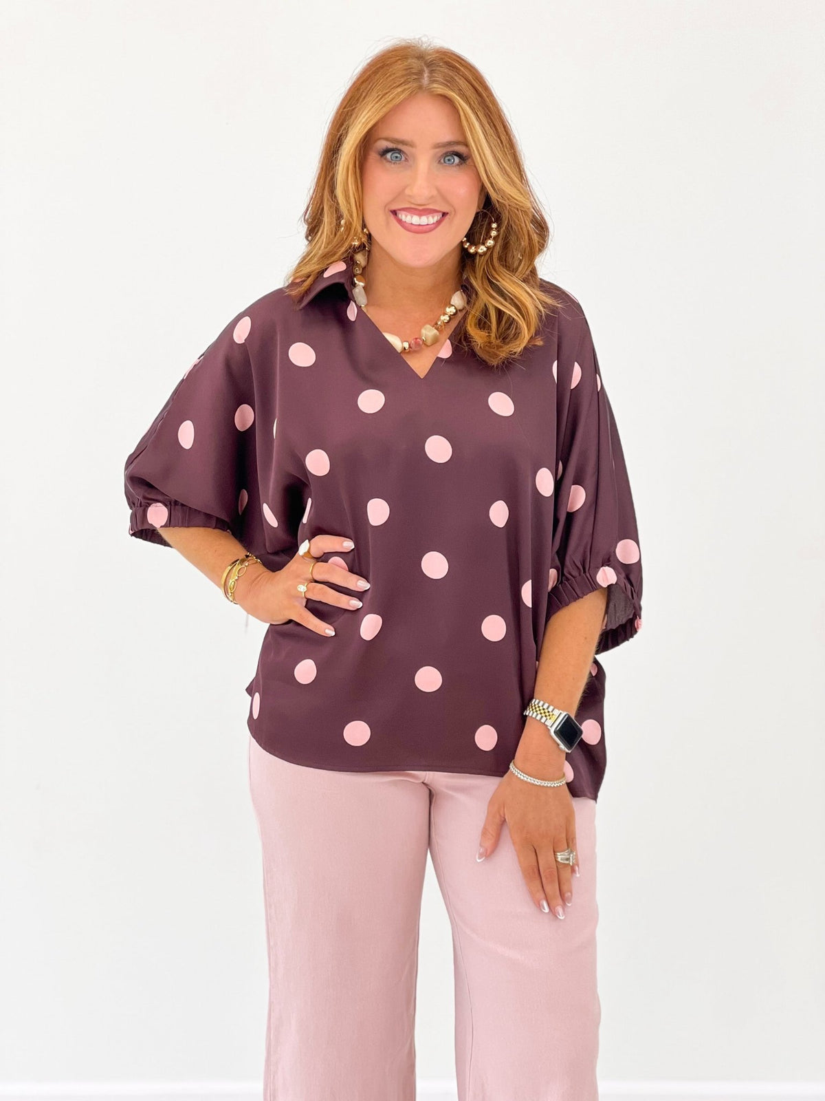 Shimmer collared top with a relaxed body