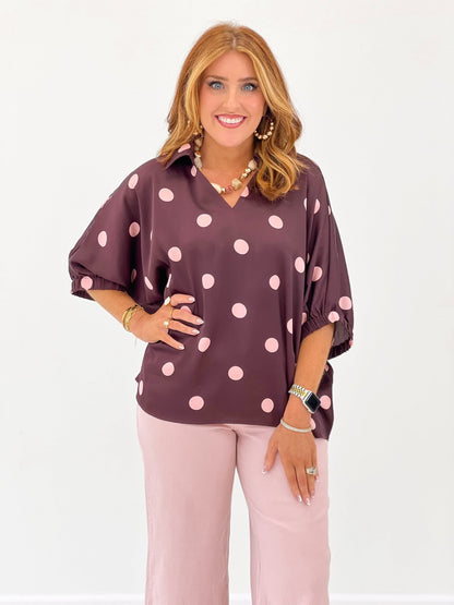 Shimmer collared top with a relaxed body