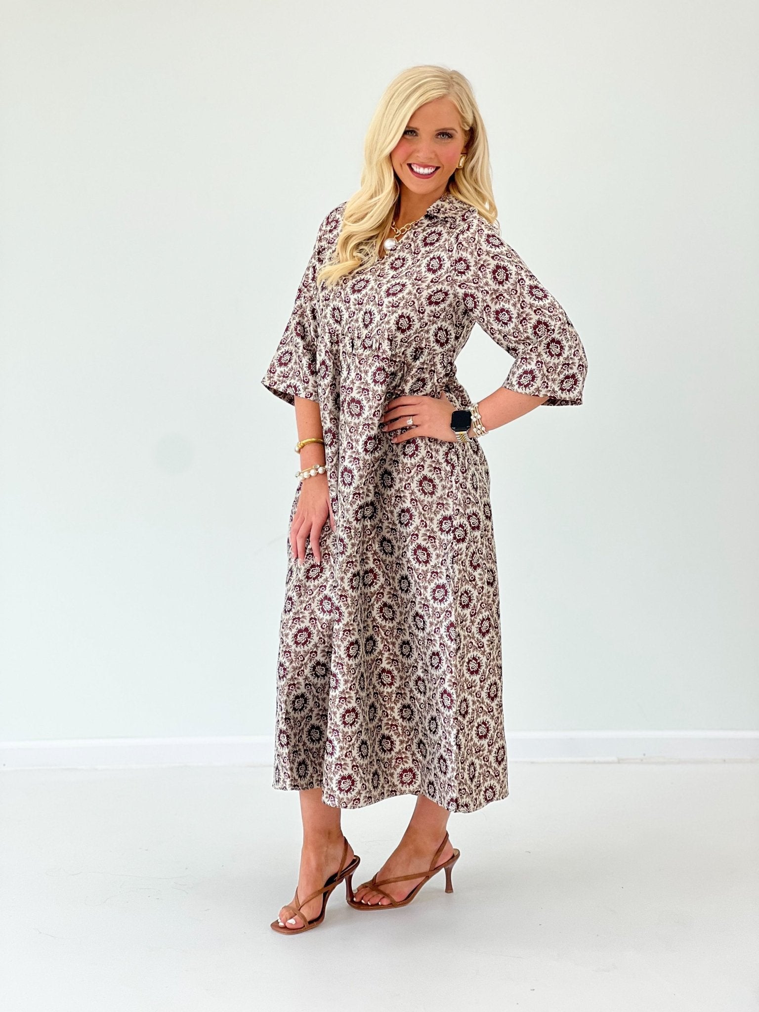 Jodifl Floral V-Neck Collar Quarter Sleeve Maxi Dress - Lavish Boutique04-DRESSES