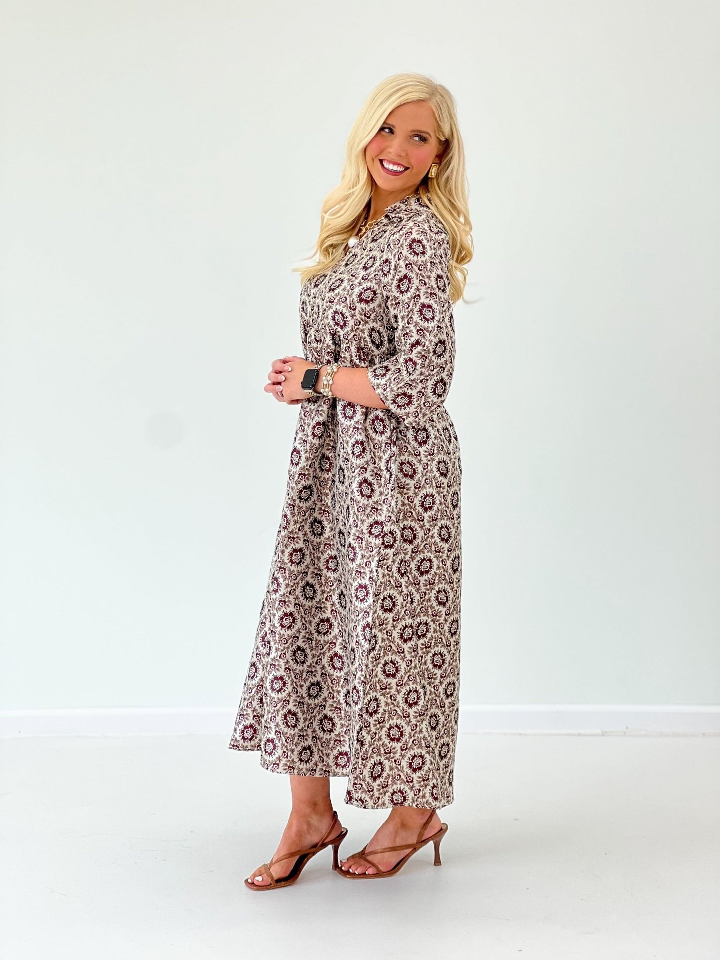 Jodifl Floral V-Neck Collar Quarter Sleeve Maxi Dress - Lavish Boutique04-DRESSES