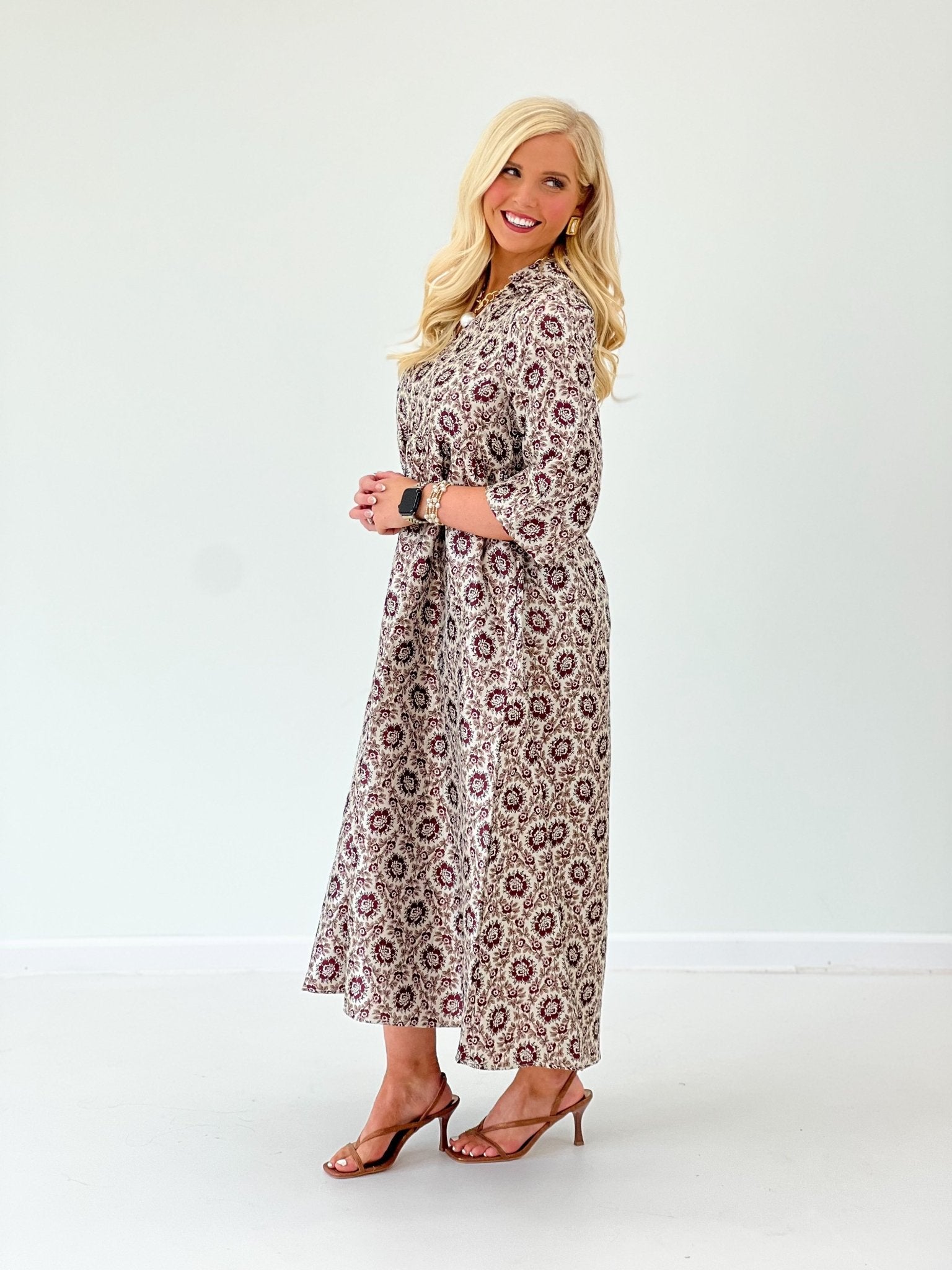 Jodifl Floral V-Neck Collar Quarter Sleeve Maxi Dress - Lavish Boutique04-DRESSES