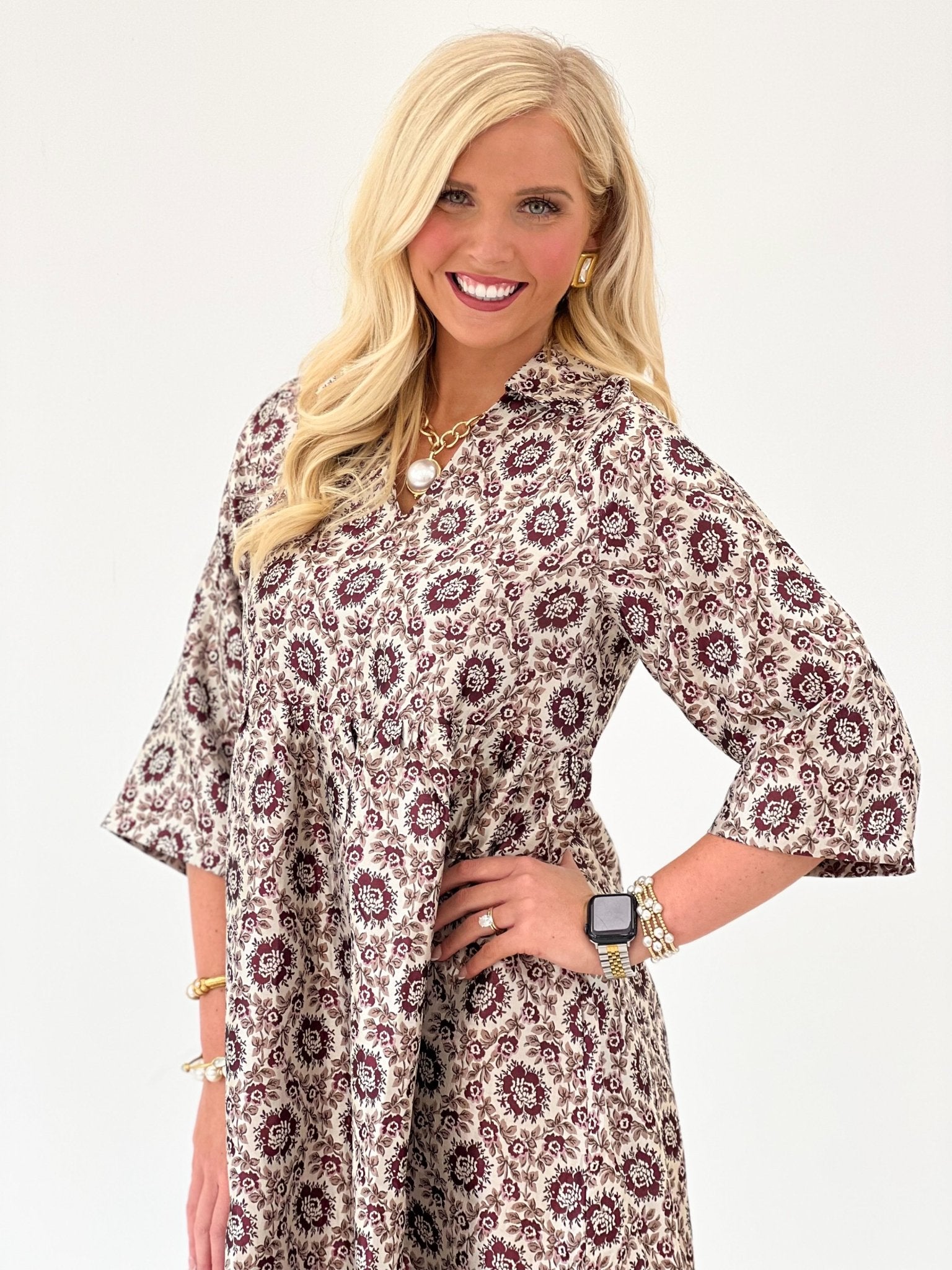 Jodifl Floral V-Neck Collar Quarter Sleeve Maxi Dress - Lavish Boutique04-DRESSES