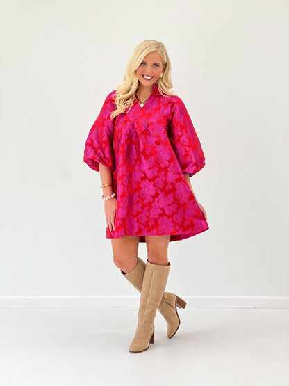 Jodifl Floral V-Neck Ruffle Collar Bubble Sleeve Dress - Lavish Boutique04-DRESSES