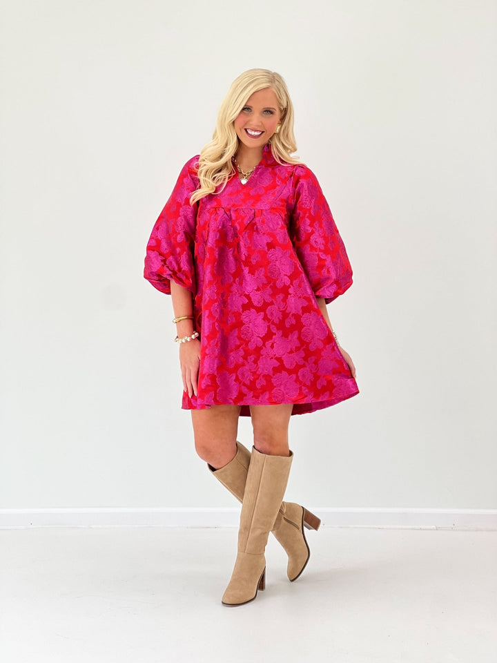 Jodifl Floral V-Neck Ruffle Collar Bubble Sleeve Dress - Lavish Boutique04-DRESSES