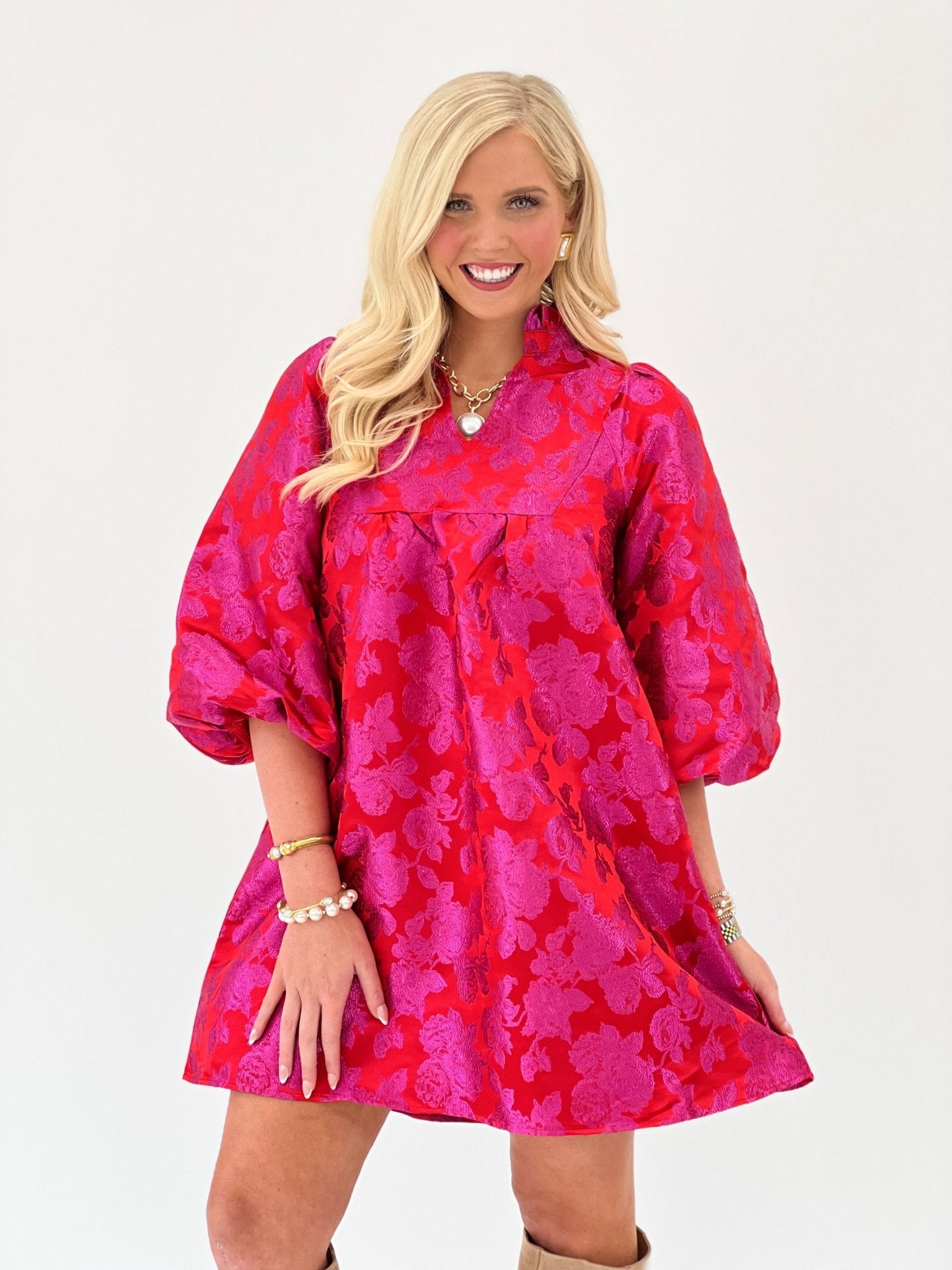 Jodifl Floral V-Neck Ruffle Collar Bubble Sleeve Dress - Lavish Boutique04-DRESSES