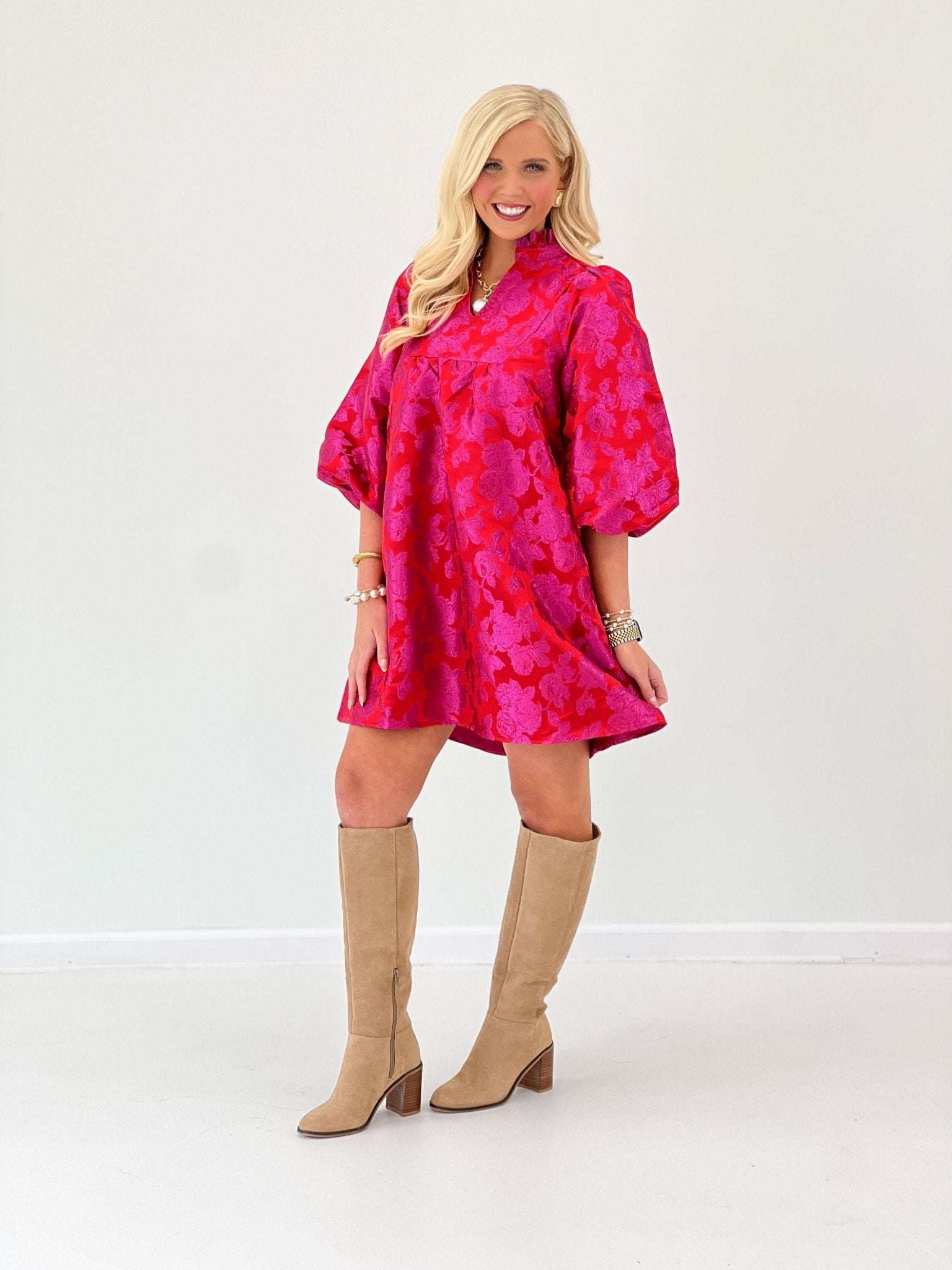 Jodifl Floral V-Neck Ruffle Collar Bubble Sleeve Dress - Lavish Boutique04-DRESSES